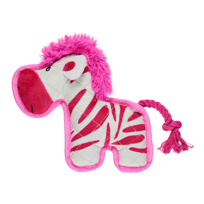 Pink and white zebra-shaped toy with a rope on a white background