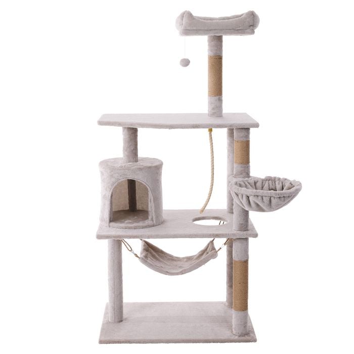 Cat tree with multiple levels, platforms, and a hammock on a white background at Pet Servo