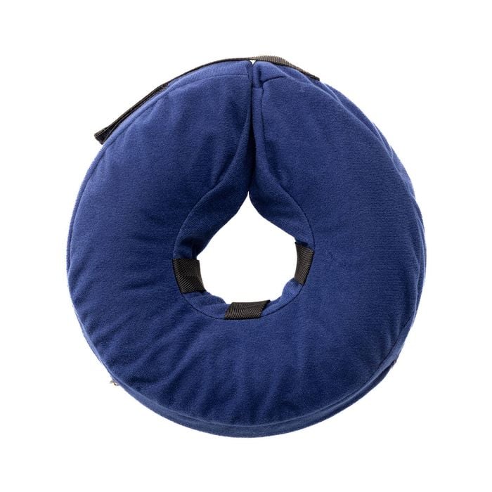 Blue neck pillow with black straps on a white background