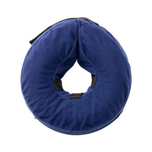 Blue neck pillow with black straps on a white background