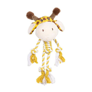 Plush giraffe toy with a rope on a white background