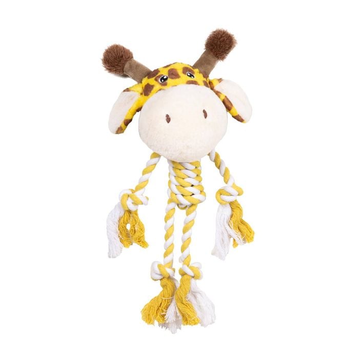 Plush giraffe toy with a rope on a white background