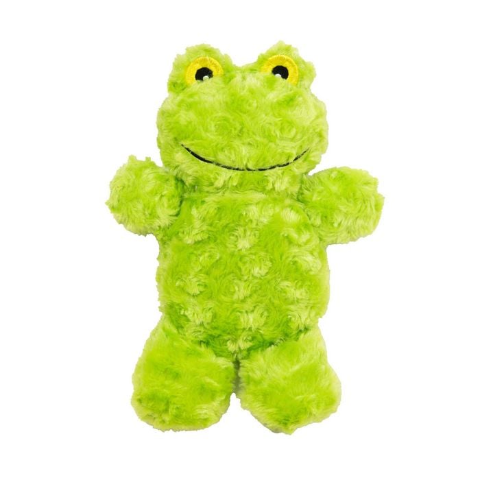 Green plush frog toy on a white background