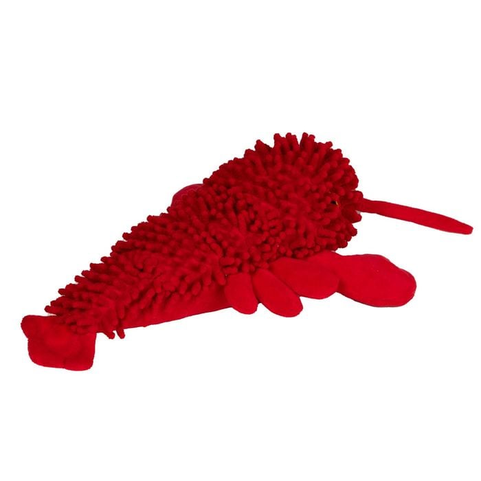 Red textured toy resembling a lobster on a white background At Pet Servo