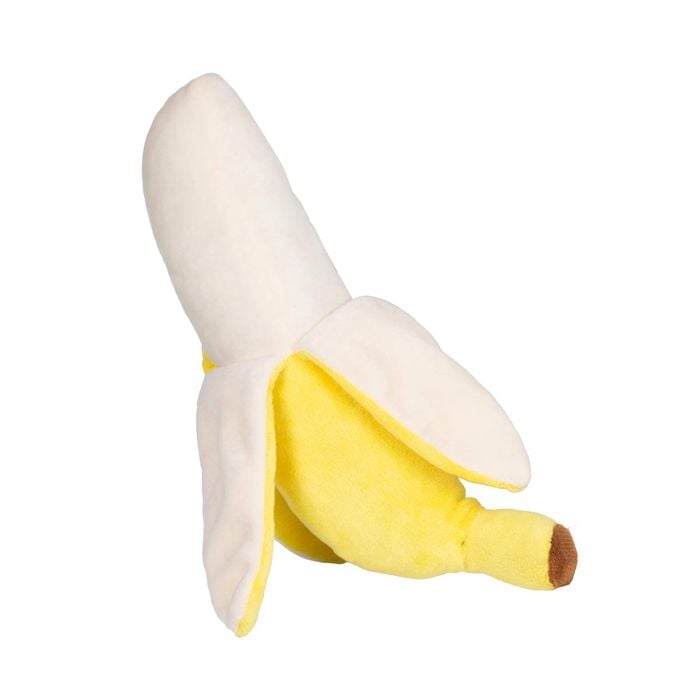 Plush banana toy on a white background