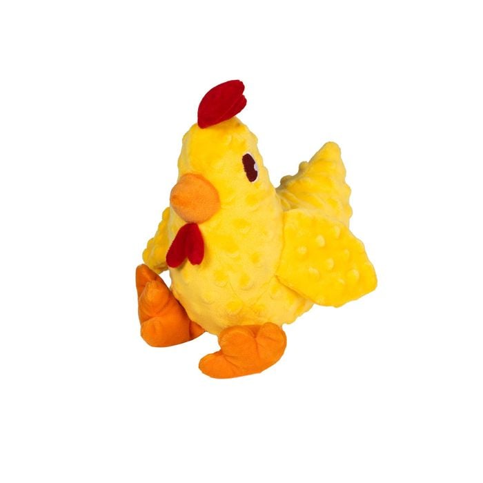 Plush toy chicken with a red comb on a white background
