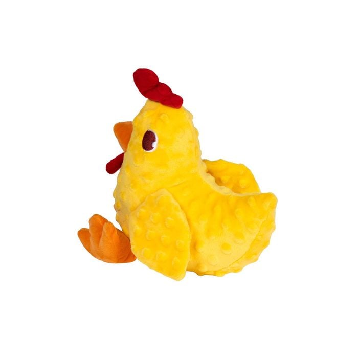 Yellow chicken-shaped toy on a white background