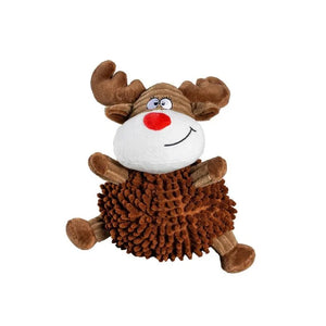 A plush reindeer dog toy with brown plush antlers and legs, a white snout and face, a red nose, and a brown textured, shaggy body, shown on a plain white background.