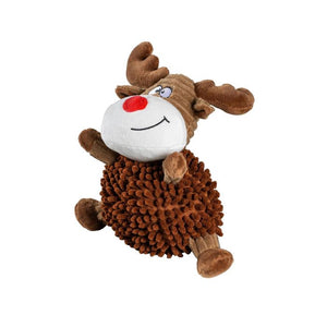 A Christmas-themed dog toy shaped like a reindeer, featuring a brown textured squeaker body, a white snout, a red nose, and brown antlers, shown on a plain white background.