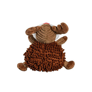 A brown plush reindeer dog toy with a textured, looped body, floppy antlers, and small paws, shown from the back on a white background.