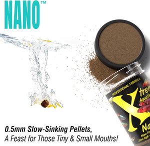 Bowl of brown pellets with 'NANO' branding and water splash on a white background at Pet Servo