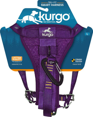 Purple dog harness with Kurgo branding on a blue and white background at Pet Servo