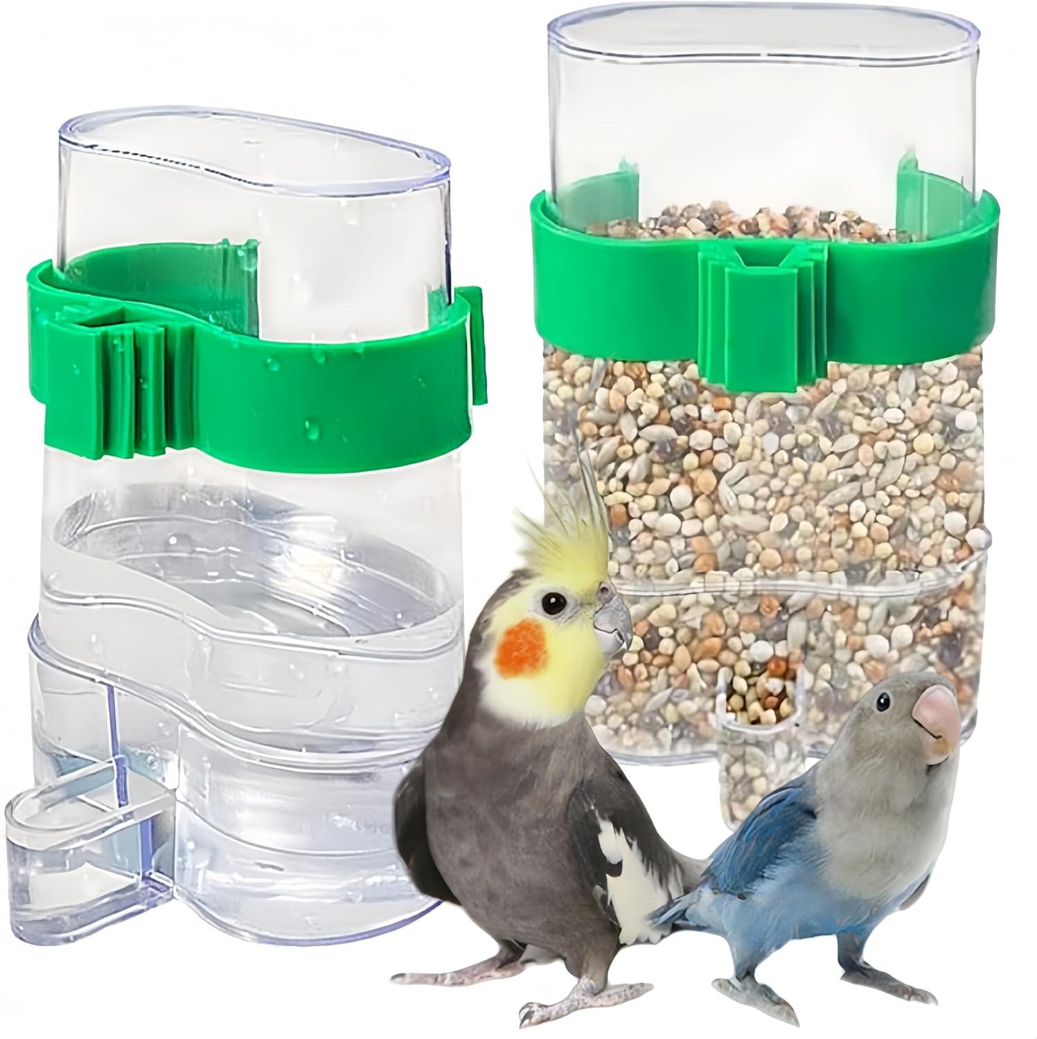 Bird feeder with green clips and two birds in front on a white background at Pet Servo