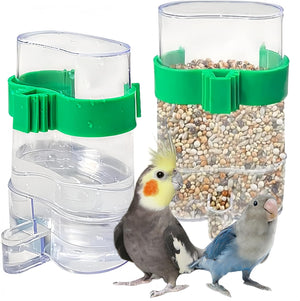 Bird feeder with green clips and two birds in front on a white background at Pet Servo