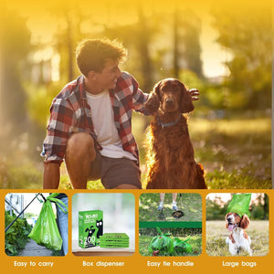 Man with a dog in a park, with images of pet waste bags and dispensers below.