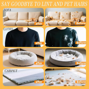 Before and after comparison of pet hair removal on various surfaces including a sofa, clothes, pet house, and carpet at Pet Servo