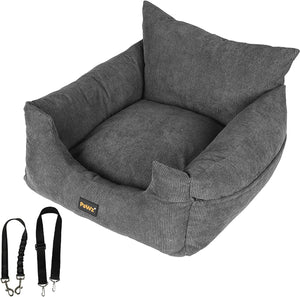 Gray pet bed with two pillows and a leash on a white background at Pet Servo