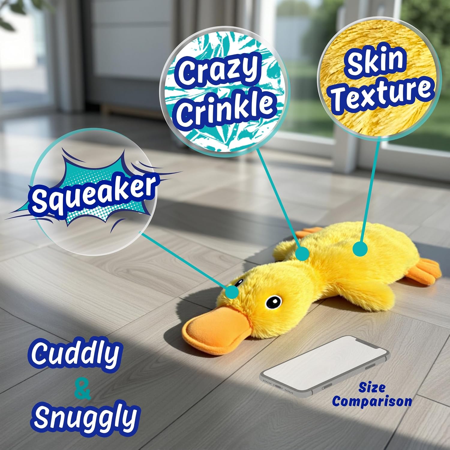 A yellow plush duck toy lying on a light wood floor, with callout circles and text highlighting features: 'Squeaker,' 'Crazy Crinkle,' 'Skin Texture,' 'Cuddly & Snuggly,' and a 'Size Comparison' phone for scale at Pet Servo