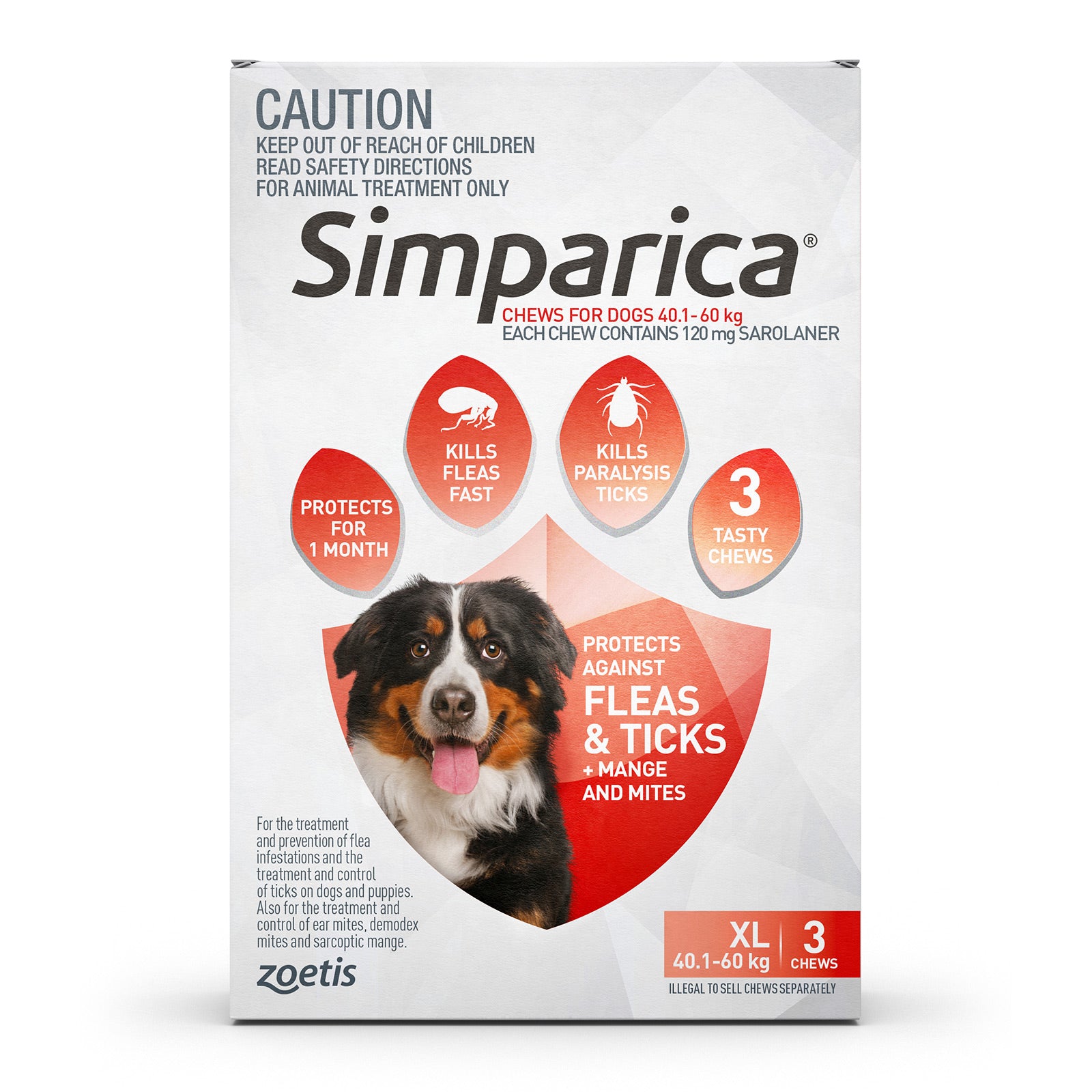 Simparica 3 chews packaging for dogs with a dog illustration on a white background at Pet Servo