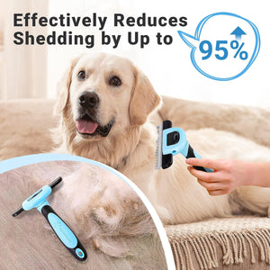 Dog being groomed with a grooming tool, showing effectiveness in reducing shedding at Pet Servo