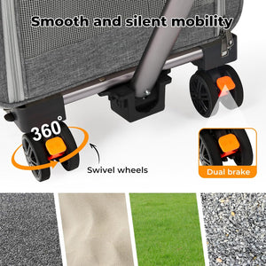 Close-up of a wheeled cart or stroller bottom with black swivel wheels and orange brake pads, plus overlaid marketing text reading 'Smooth and silent mobility,' '360° swivel wheels,' and 'Dual brake.' A small inset shows the wheel detail, and the bottom strip shows ground textures at Pet Servo