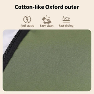 Green fabric with anti-static, easy-clean, and fast-drying icons on a beige background at Pet Servo
