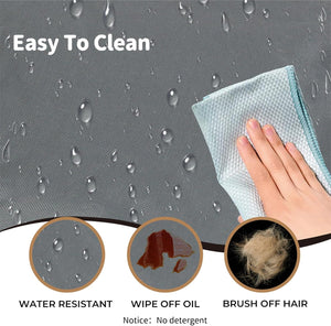 Textured towel being used to clean a surface with water droplets, oil, and hair, labeled 'Easy To Clean' at Pet Servo