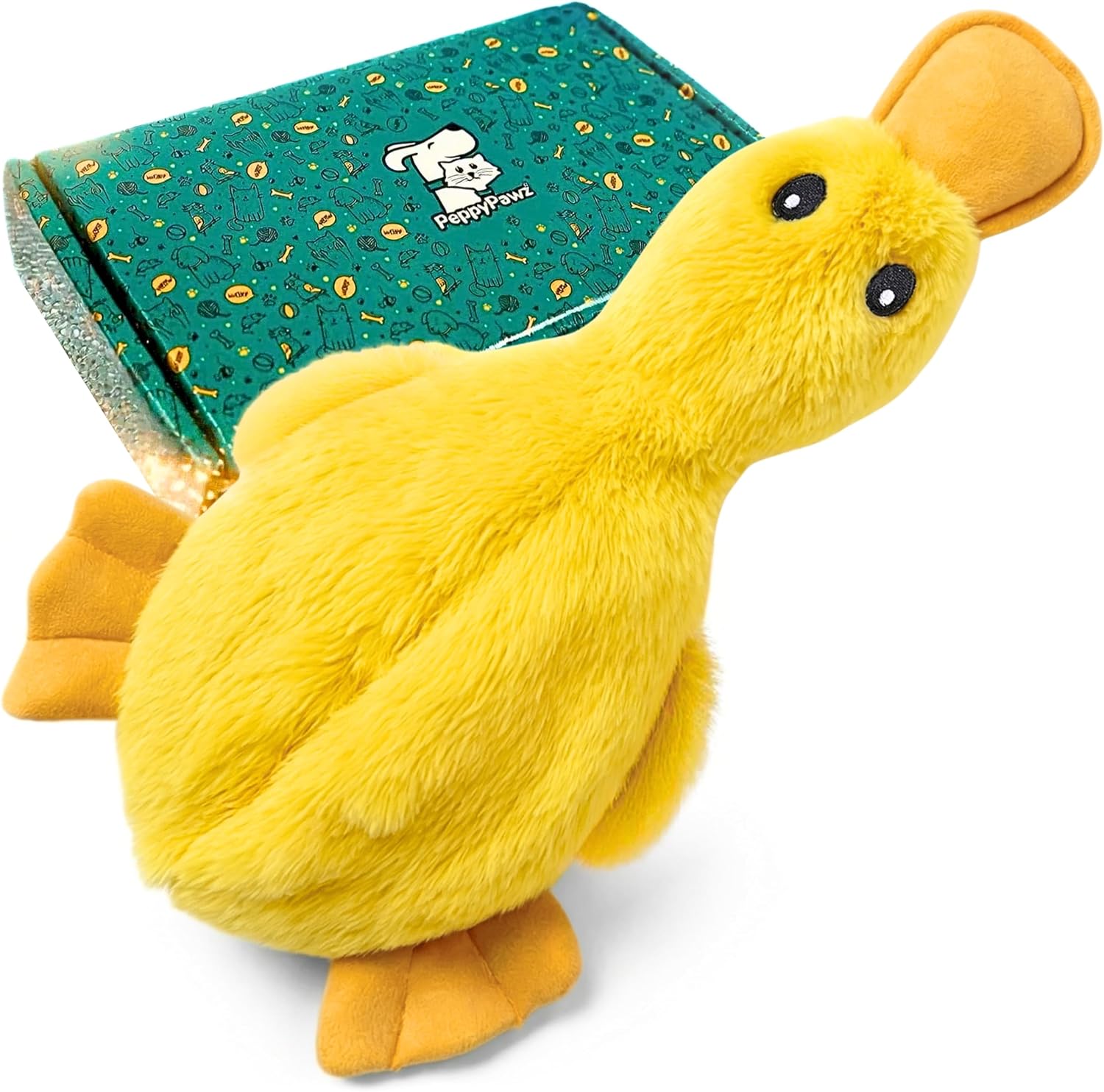 A yellow plush duck toy with orange-yellow beak, feet, and waddle, shown next to a green patterned fabric pouch with a chef logo and the brand name 'Duck Punt' at Pet Servo