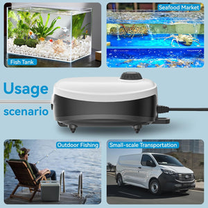 Air pump with usage scenarios including fish tank, seafood market, outdoor fishing, and small-scale transportation at Pet Servo