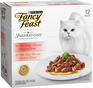 Box of Purina Fancy Feast Inspirations cat food with a white cat on the packaging.