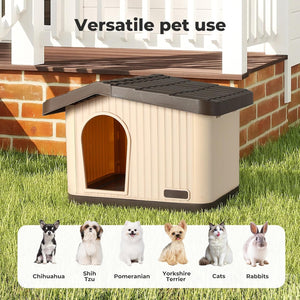 A beige and dark gray pet house shown outdoors on grass in front of a brick wall and porch, with the text 'Versatile pet use' above it and small labeled images of dogs, cats, and rabbits below showing compatible pet types at Pet Servo