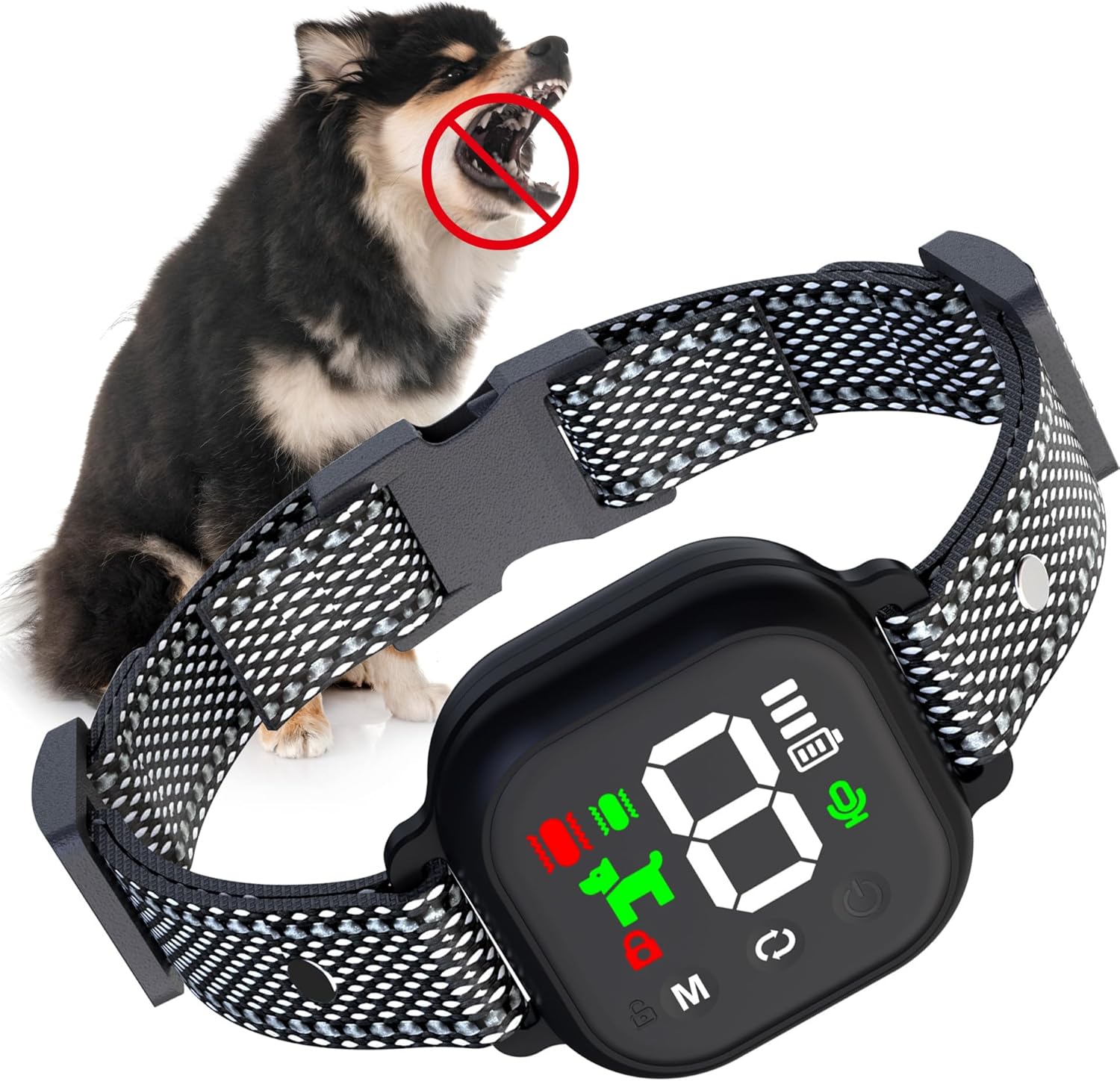 Dog collar with digital display and mesh design, featuring a dog in the background at Pet Servo