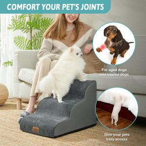 Woman sitting on a couch with a small white dog using a pet ramp, with text about joint comfort and ease of access for pets at Pet Servo