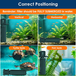Instructions on how to position an aquarium filter correctly for different types of tanks at Pet Servo