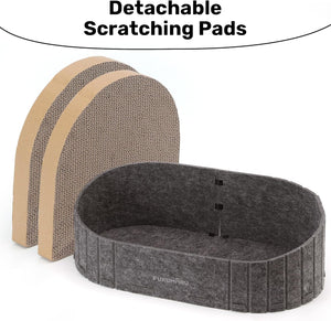 Gray pet bed with detachable scratching pads on a white background at Pet Servo