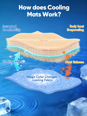 Diagram explaining how cooling mats work with labeled parts and a blue background at Pet Servo