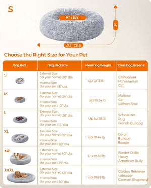 Dog bed size chart with dimensions and recommended dog breeds for various sizes at Pet Servo