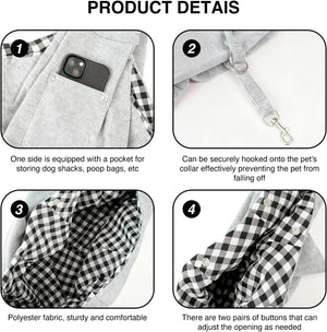 Product details of a pet accessory with a pocket, hook, checkered fabric, and button adjustments at Pet Servo