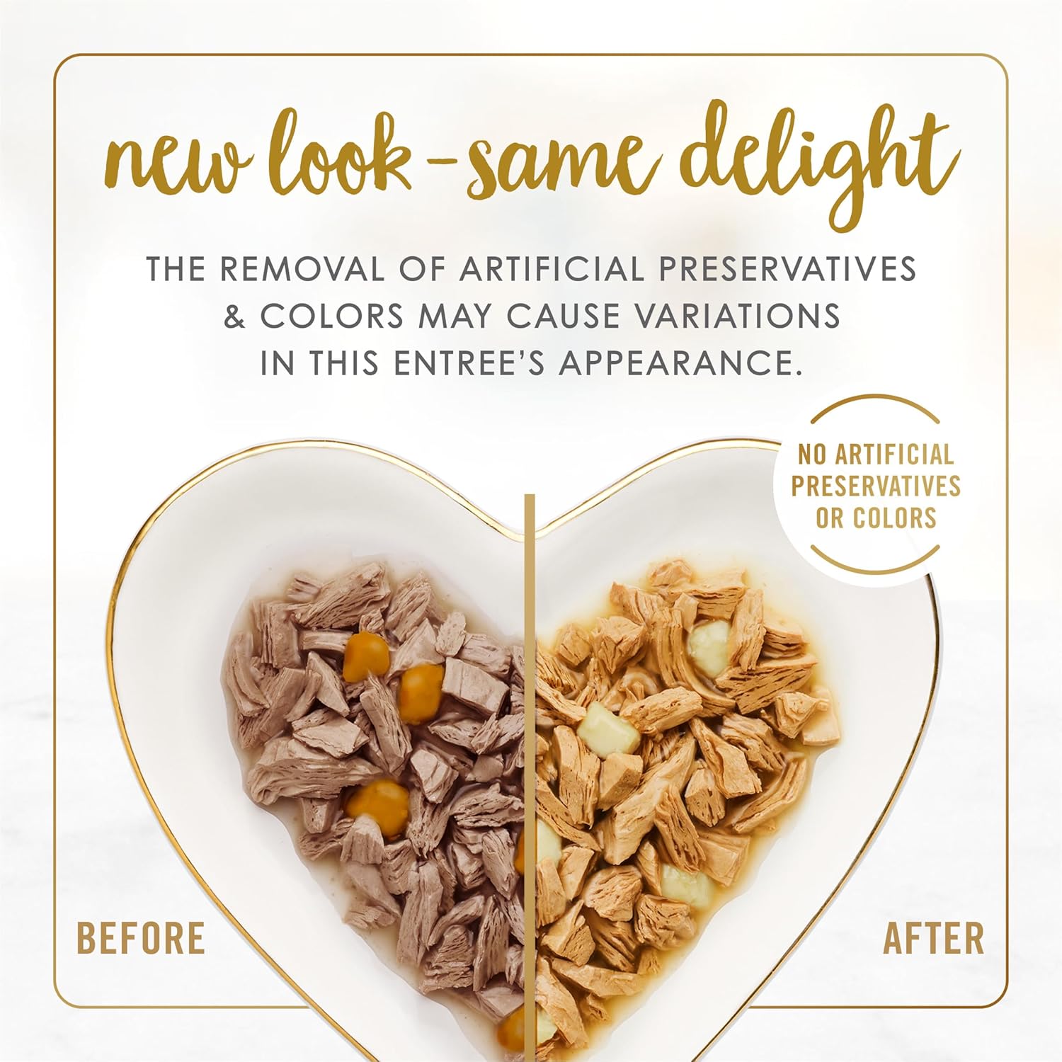Before and after comparison of a food entree with text about artificial preservatives and colors.