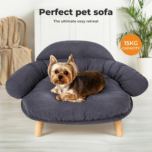 Pet sofa with a dog on it, labeled as 'Perfect pet sofa' with 15KG capacity at Pet Servo