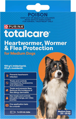 Purina Totalcare heartworm, wormer & flea protection packaging for medium dogs on a blue background at Pet Servo