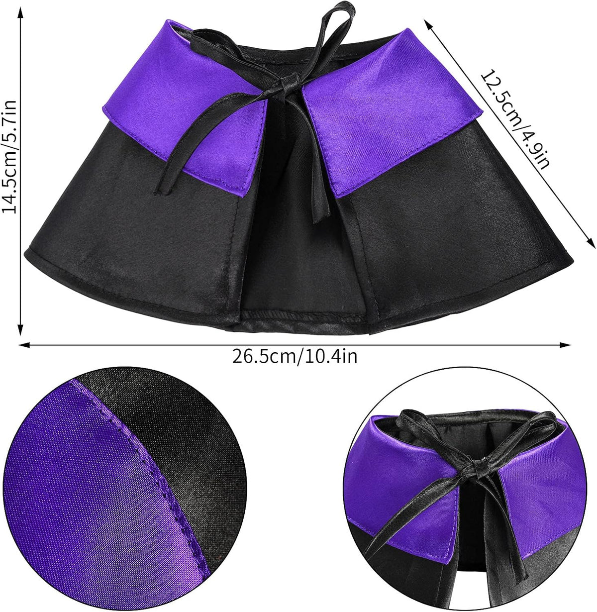 Black and purple costume cape with dimension annotations showing width and height measurements, plus two circular detail insets highlighting the fabric texture and bow closure.
