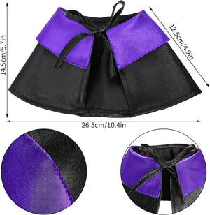 Black and purple costume cape with dimension annotations showing width and height measurements, plus two circular detail insets highlighting the fabric texture and bow closure.