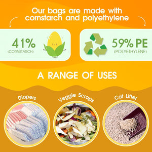 Product packaging with corn starch and polyethylene information and uses shown.