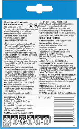 Product label for heartworm, wormer, and flea protection for dogs with text and icons at Pet Servo