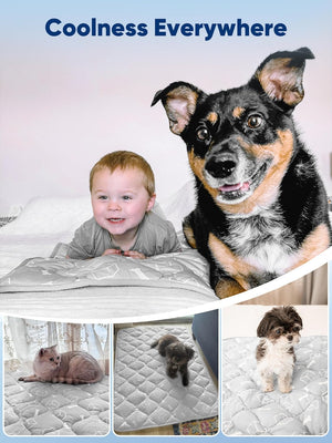 Collage of a child and dog with a cooling pad, surrounded by other pets on similar pads at Pet Servo