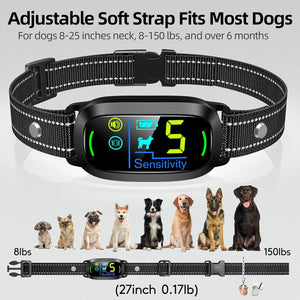 Dog collar with digital display and adjustable soft strap, featuring size chart for dogs at Pet Servo
