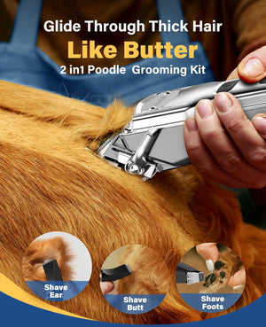 2-in-1 Poodle Grooming Kit being used on a dog with text 'Glide Through Thick Hair Like Butter' at Pet Servo