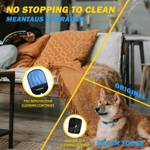 Dog sitting on a couch with text about Meantaus cleaning product and a person using a device at Pet Servo