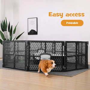A black foldable plastic pet playpen with mesh panels is set up in a room with a corgi dog walking through the front gate. Orange text on the image reads 'Easy access' and 'Foldable' at Pet Servo